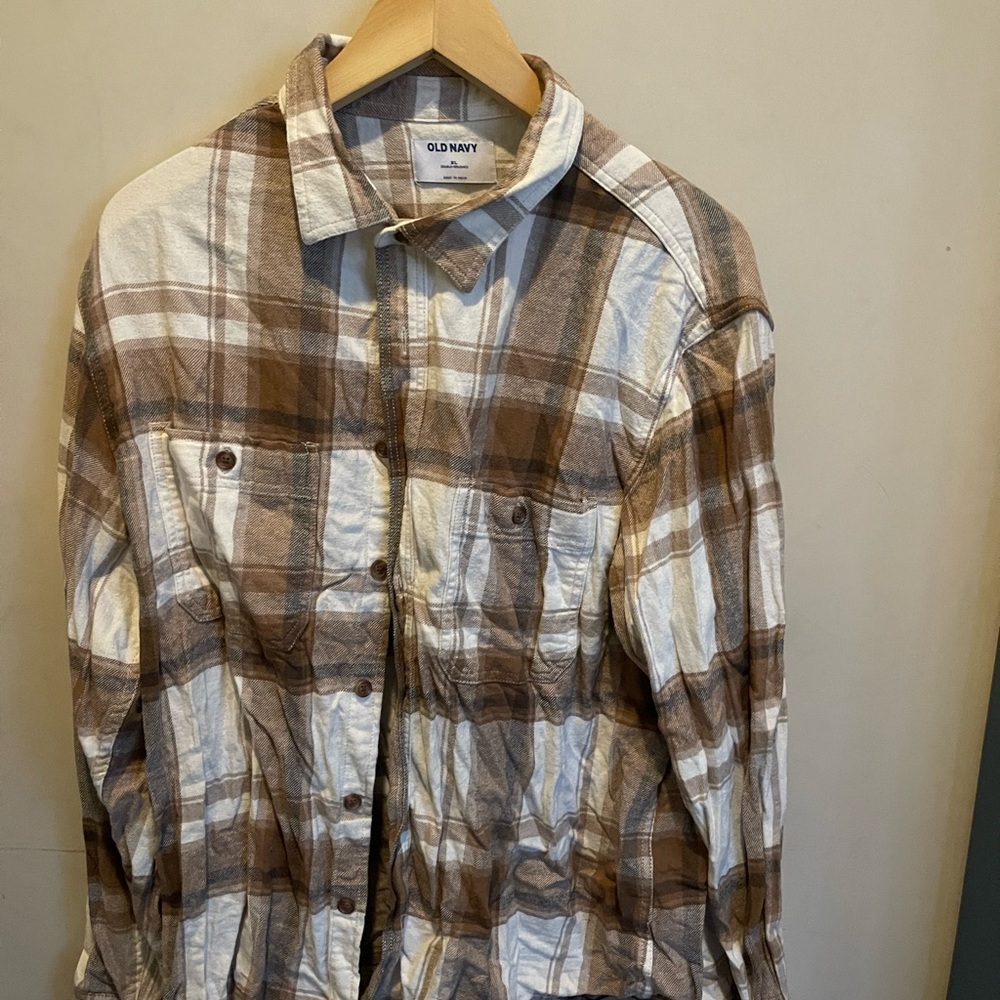 Old Navy Brown and White Plaid Casual Button Down Shirt